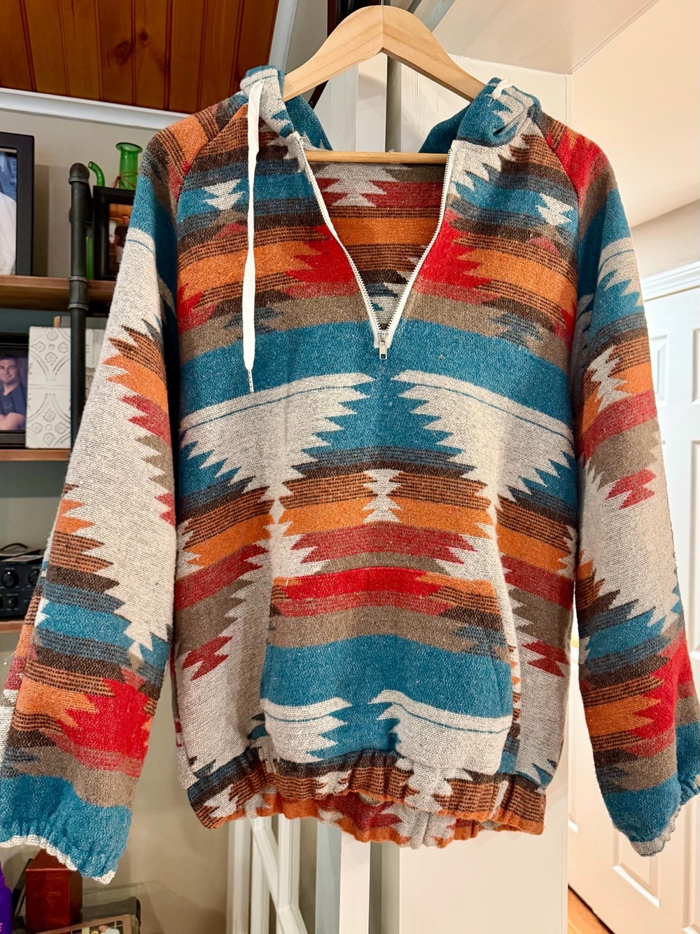 Unisex Hooded Southwestern Pattern Pullover Sweater - Teal, Red, Orange